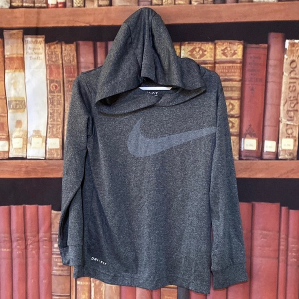 Nike Dri-FIT Youth Hooded Long Sleeve Shirt Gray Swoosh Size S (4–5)